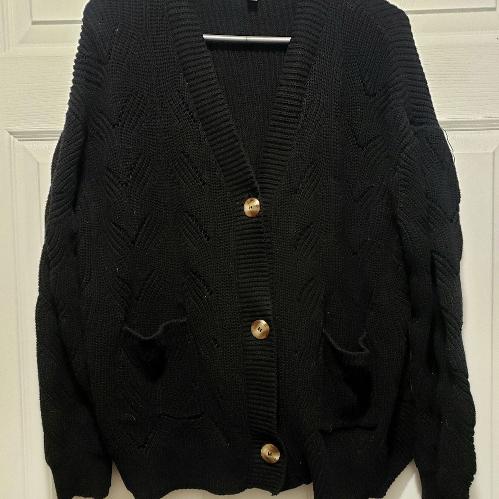 Terra & Sky black button front cardigan, 1x (16w/18w)